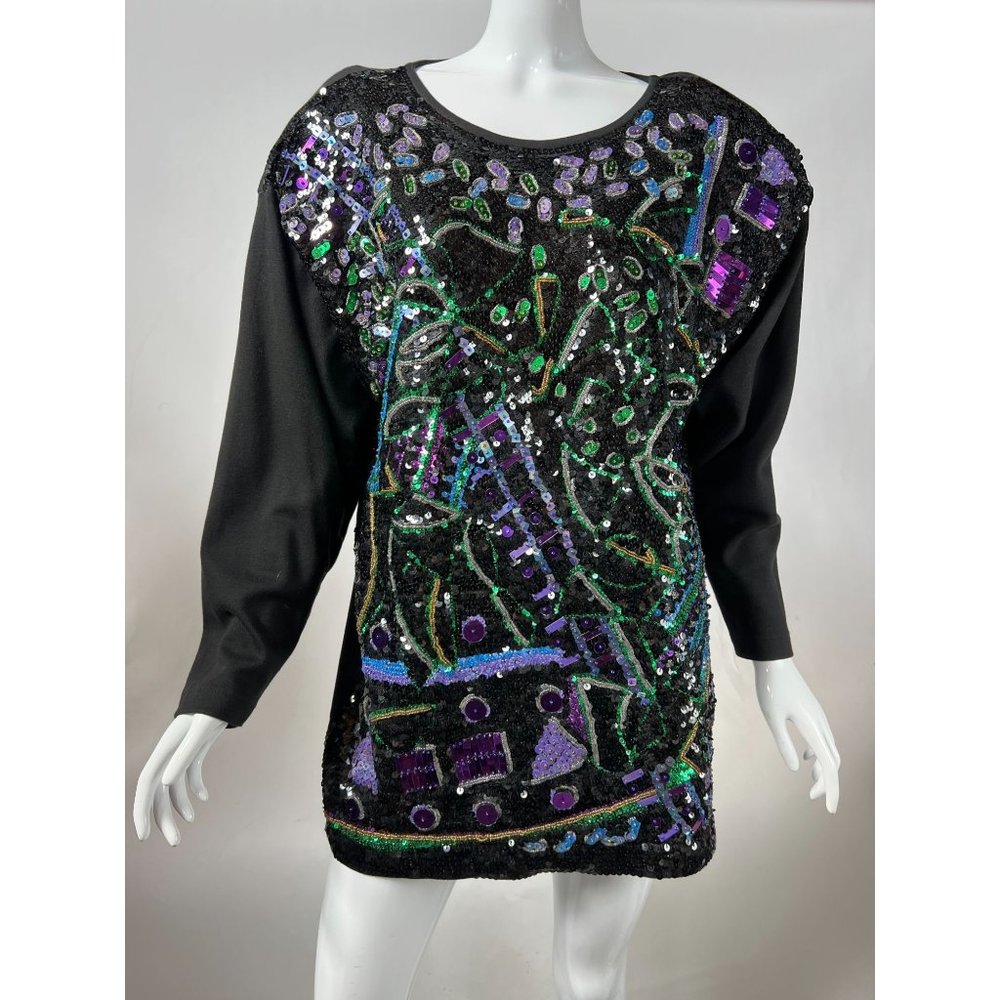 Cedars Sequin Embellished 90s Sweater  Sz M Black  Abstract Cotton, Sequins